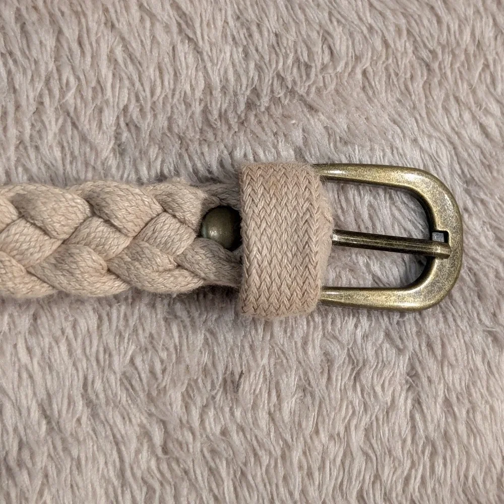 Braided Woven Belt Antique Brass Buckle Size 12 Beige Tan Bohemian Cottagecore